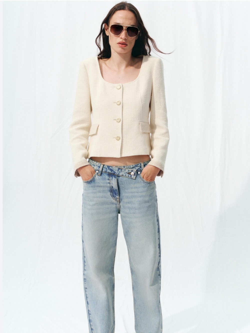 Zara Textured Tweed Round-Neck Tailored Cropped Jacket In Cream Size Medium NWT
